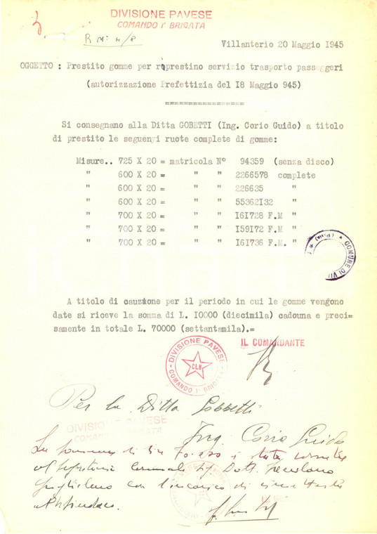 1945 CLN VILLANTERIO (PV) Gomme a ditta GOBETTI ripristino trasporto passeggeri