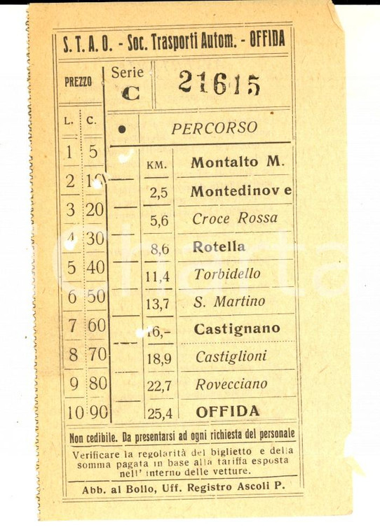 1940 ca Autolinee STAO OFFIDA Linea per MONTALTO *Biglietto VINTAGE