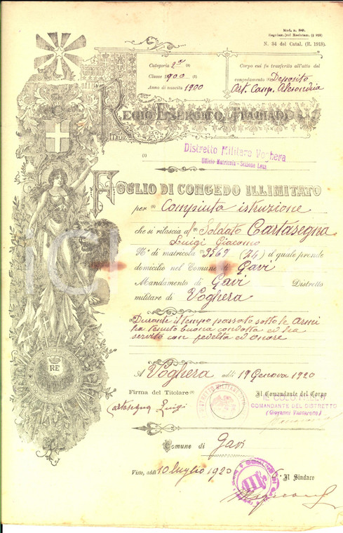 1920 GAVI (AL) Luigi Giacomo CARTASEGNA -  Foglio congedo illimitato
