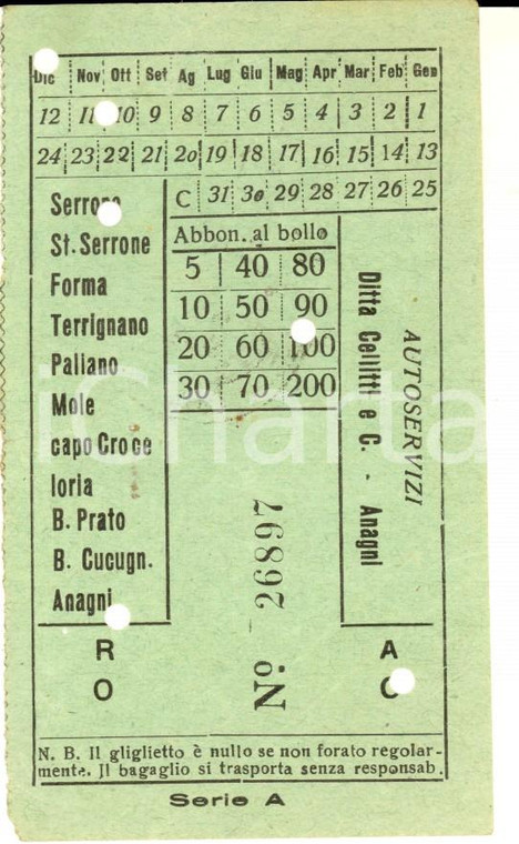 1940 ca Autolinee CELLITTI - Linea SERRONE-ANAGNI *Abbonamento