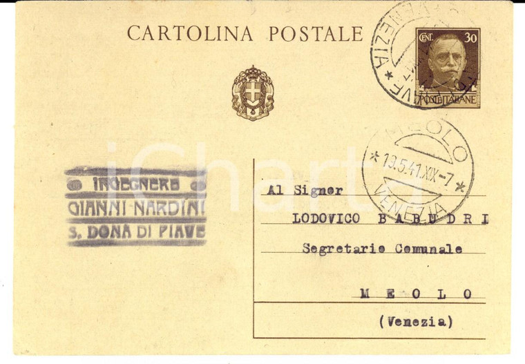 1941 SAN DONA' DI PIAVE (VE) Ingegnere Gianni NARDINI Cartolina danni grandine