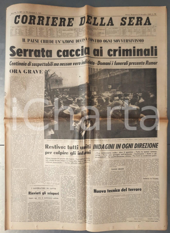 1969 CORRIERE DELLA SERA Strage Piazza Fontana - Caccia ai criminali *Giornale