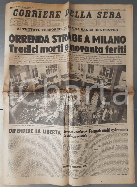 13 dicembre 1969 CORRIERE DELLA SERA Strage di Piazza Fontana - Giornale