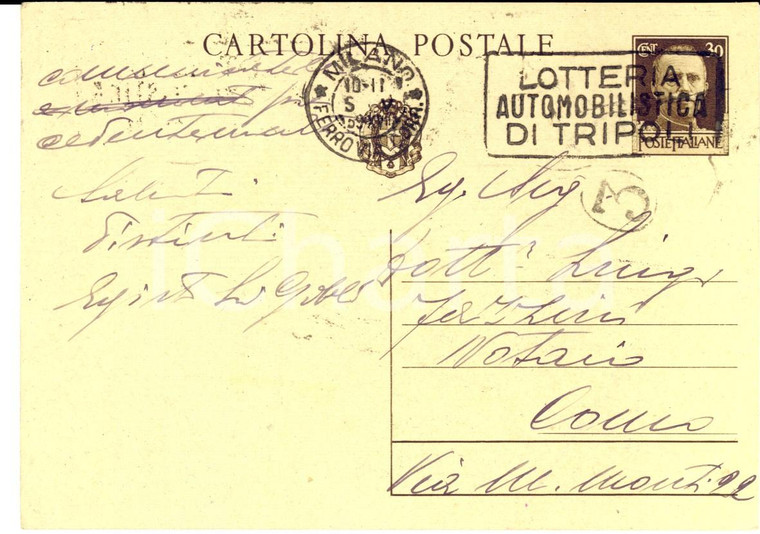 1939 MILANO STORIA POSTALE Cartolina timbro LOTTERIA AUTOMOBILISTICA TRIPOLI FG 