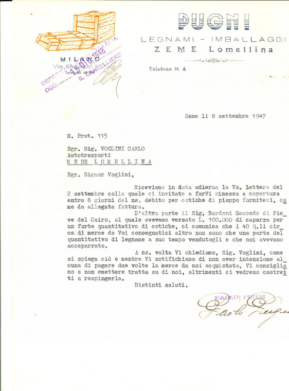 1947 ZEME (PV) Ditta PUGNI Legnami e imballaggi - Lettera per cotiche di pioppo