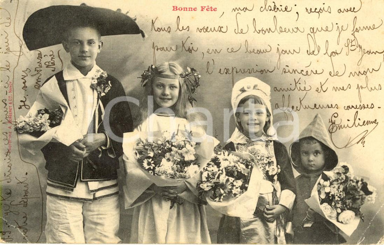 1903 NANCY (FRANCIA) Bambini con fiori bonne fête *Cartolina augurale FP VG