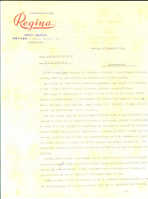 1955 NOVARA Pantolificio REGINA di Pacifico UBEZIO *Lettera commerciale