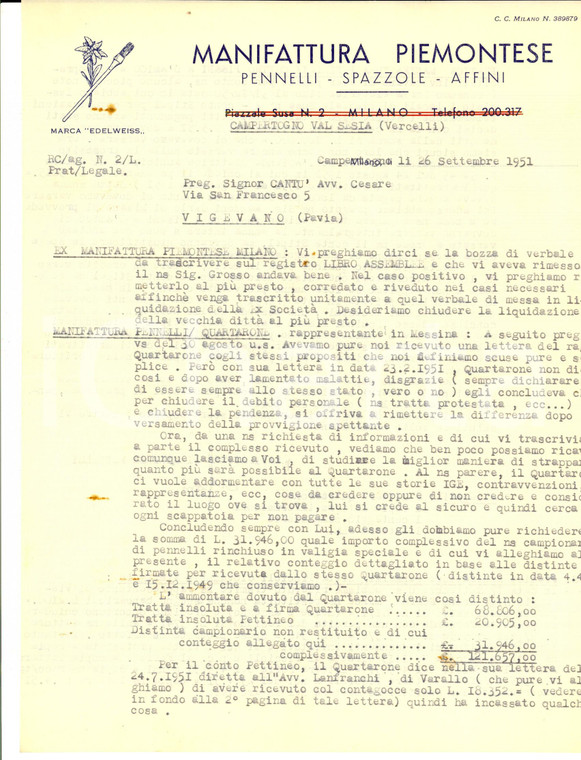1951 CAMPERTOGNO (VC) Manifattura Piemontese Pennelli contro debitori insolventi