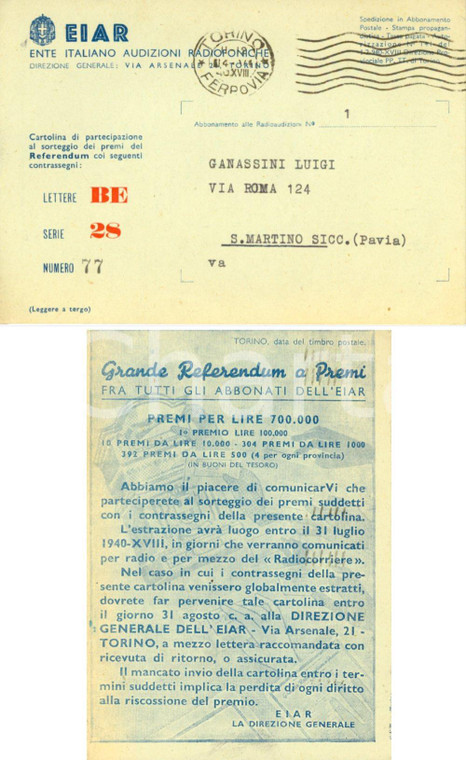 1940 TORINO EIAR Grande referendum a premi fra gli abbonati *Cartolina FG VG