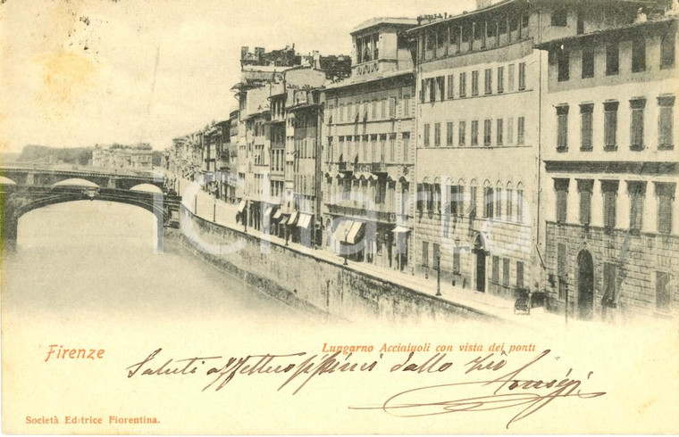 1900 ca FIRENZE Lungarno ACCIAIUOLI con vista dei ponti *Cartolina ANIMATA FP VG