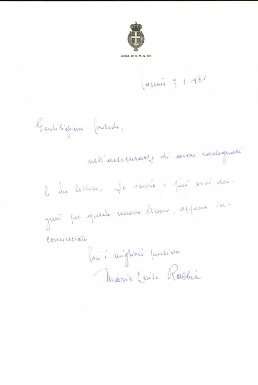 1981 CASCAIS (P) Maria Luisa RABBIA consegna lettere a re UMBERTO II in esilio