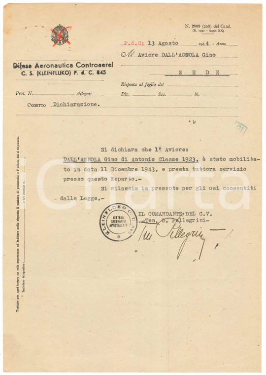 1944 WW2 Difesa Aeronautica CONTROAEREI - Certificato aviere Gino DALL'AGNOLA