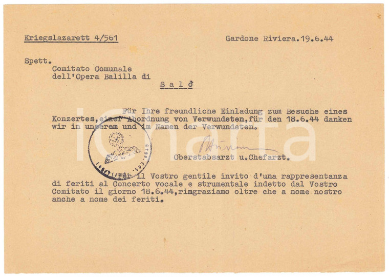 1944 WW2 RSI GARDONE RIVIERA Ospedale di guerra *Ringraziamento invito ai feriti