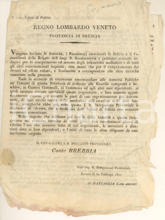 1821 BRESCIA Indagini su ladri e malfattori da arrestare *Documento POLIZIA