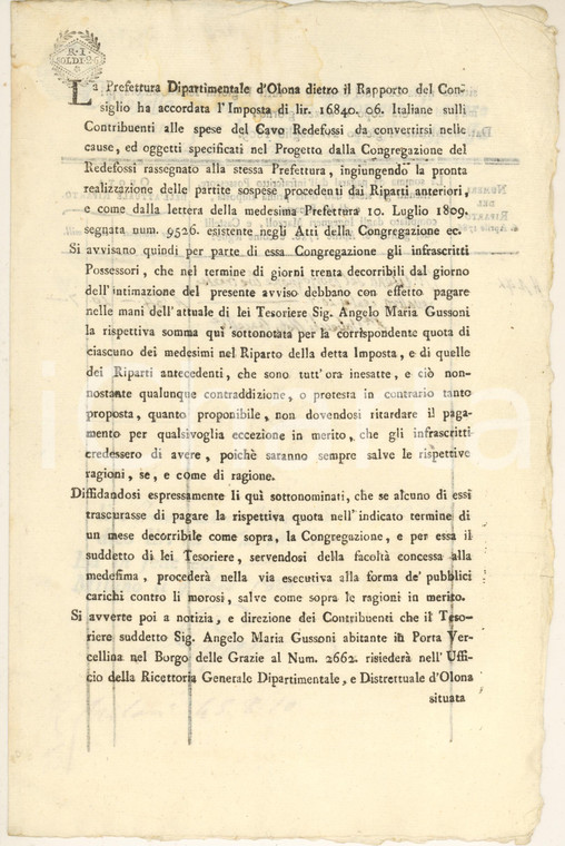 1821 LOMBARDIA Dipartimento OLONA - Imposta utenti Cavo BORGOGNONE *Documento