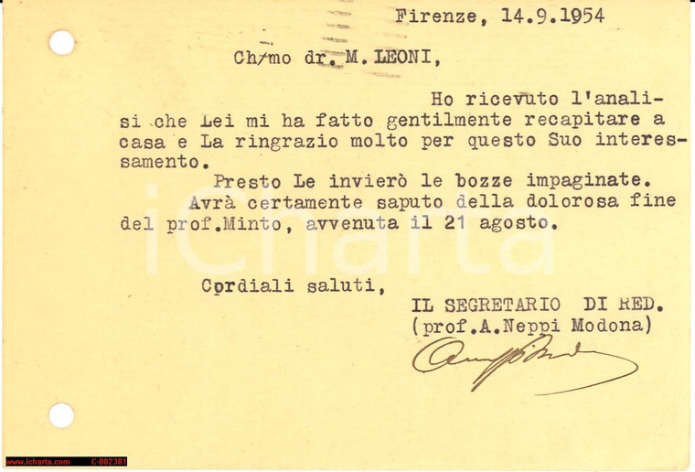 1954 FIRENZE Istituto Studi Etruschi Aldo NEPPI MODONA *Autografo