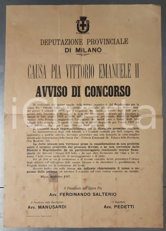 1907 MILANO Causa Pia Vittorio Emanuele II - Avviso concorso sussidi per asili