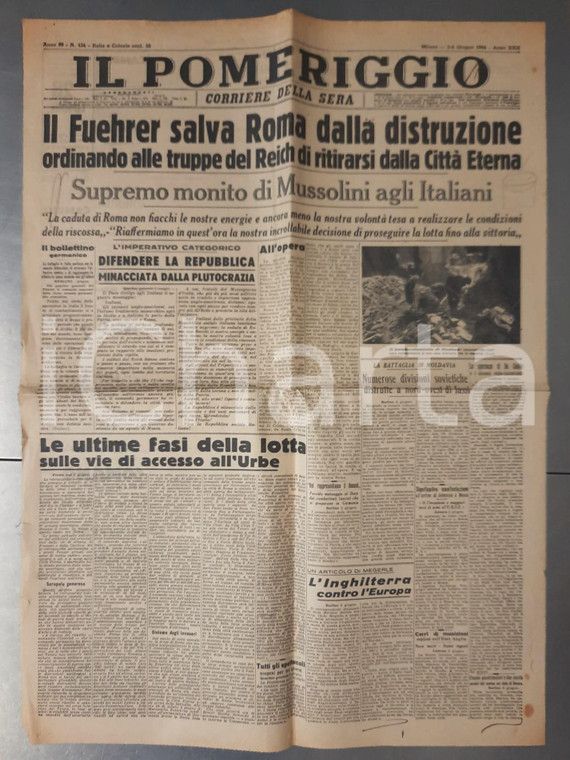 1944 WW2 CORRIERE DELLA SERA - IL POMERIGGIO Il Fuehrer salva Roma *n°134