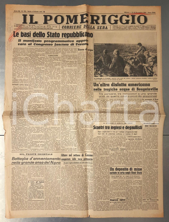 1943 WW2 CORRIERE DELLA SERA - IL POMERIGGIO Basi dello Stato repubblicano n°272