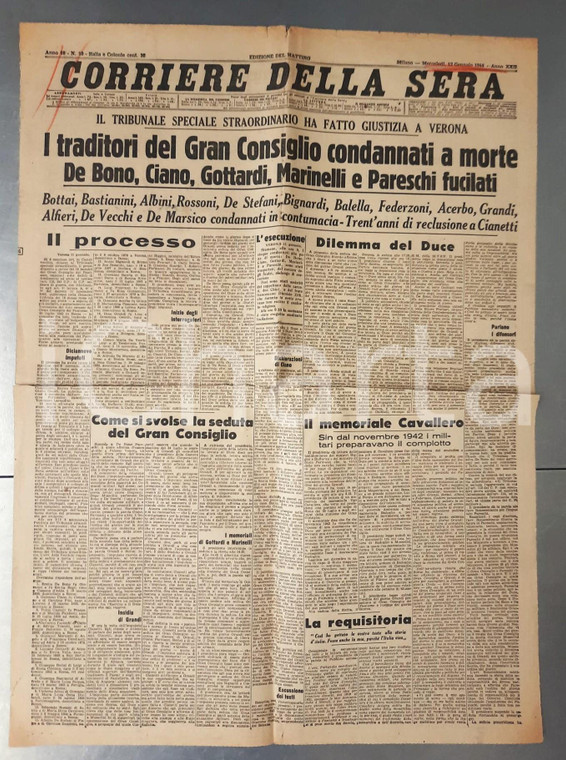 1944 WW2 CORRIERE DELLA SERA Traditori del Gran Consiglio fucilati *n°69