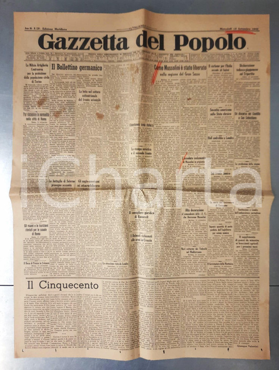 1943 WW2 GAZZETTA DEL POPOLO Come Mussolini è stato liberato sul Gran Sasso