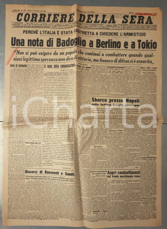 1943 WW2 CORRIERE DELLA SERA Nota di Badoglio - Italia costretta all'armistizio