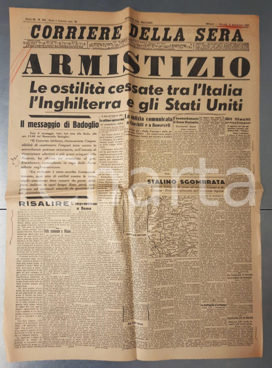 1943 WW2 CORRIERE DELLA SERA Armistizio Italia e Alleati - Messaggio di Badoglio