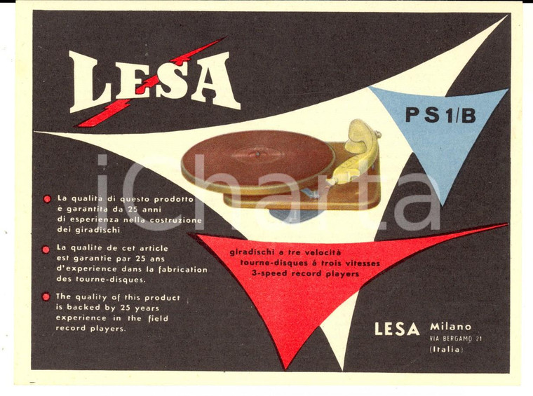 1950 ca MILANO Ditta LESA Giradischi P S 1/B *Volantino ILLUSTRATO 15x11 cm