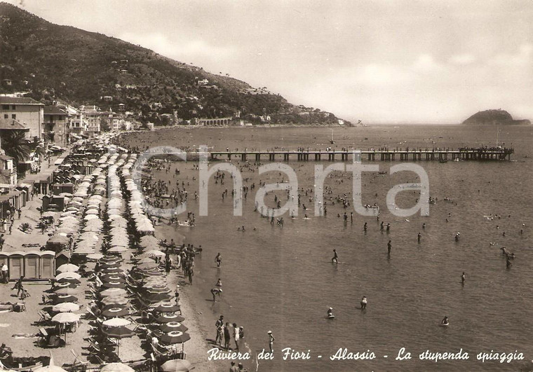 1955 ALASSIO (SV) Panorama con spiaggia e molo ANIMATA *Cartolina FG VG