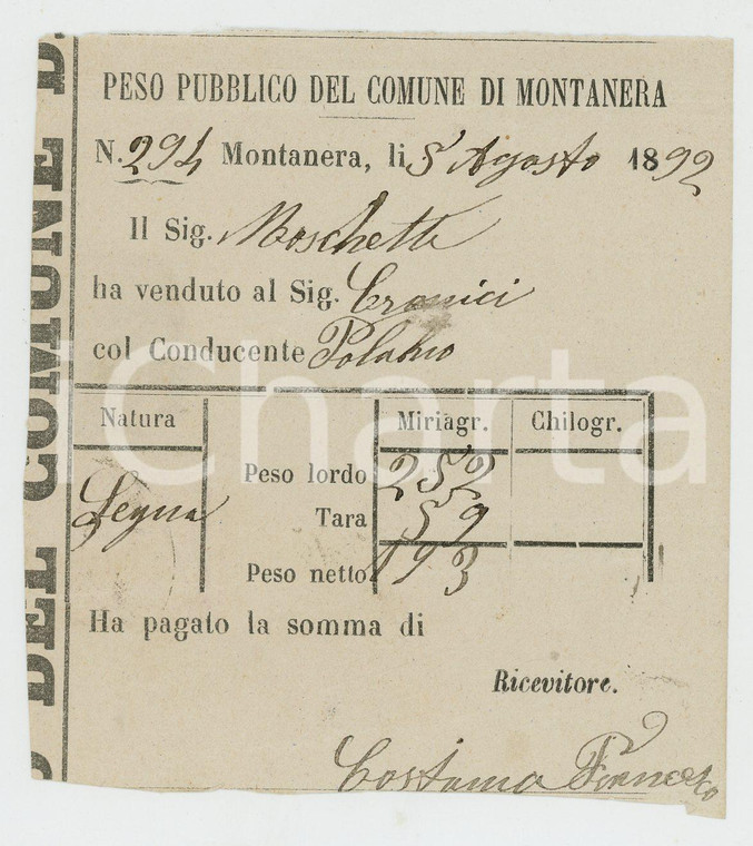 1892 MONTANERA (CN) Peso pubblico MOSCHETTI vende legna a CRONICI *Ricevuta