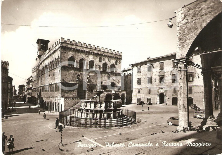 1959 PERUGIA Palazzo Comunale e Fontana Maggiore ANIMATA *Cartolina FG VG