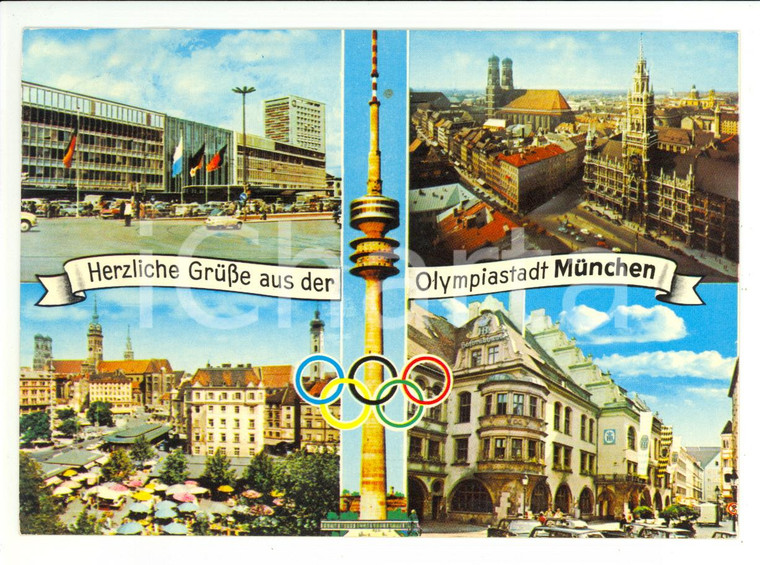 1974 MUNCHEN - OLIMPIADI Hauptbahnhof Frauenkirche *Cartolina ANIMATA FG VG