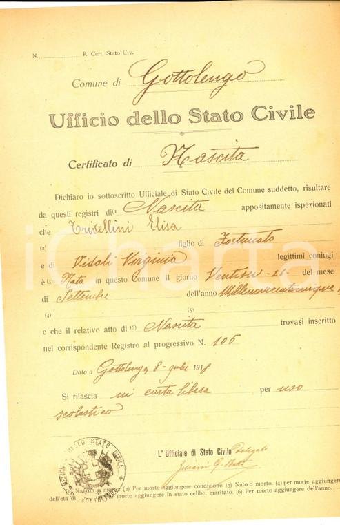 1918 GOTTOLENGO (BS) Certificato di nascita di Elisa TRIVELLINI *DANNEGGIATO