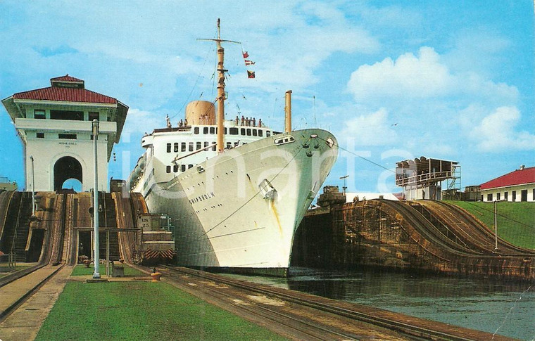 1970 ca PANAMA CANAL Transatlantic GRIPSHOLM passing through MIRAFLORES LOCKS 