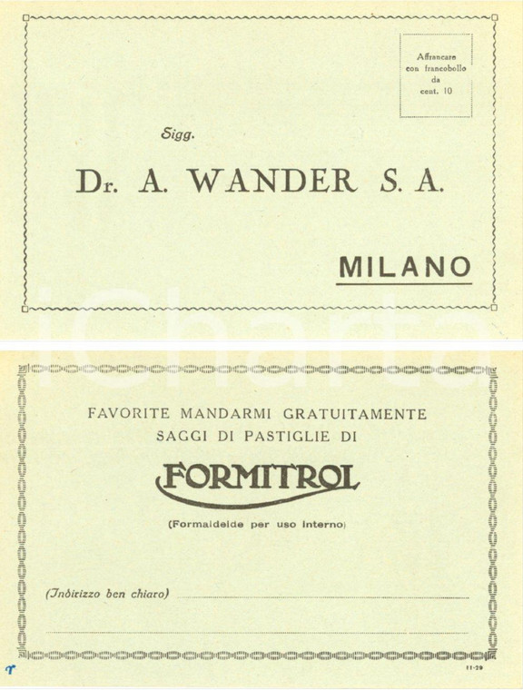 1929 MILANO Dottor WANDER invio gratuito pastiglie FORMITROL *Cartolina FP NV