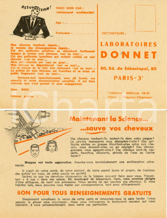 1920 ca PARIS Laboratoires DONNET prodotti contro caduta capelli Cartolina FP NV