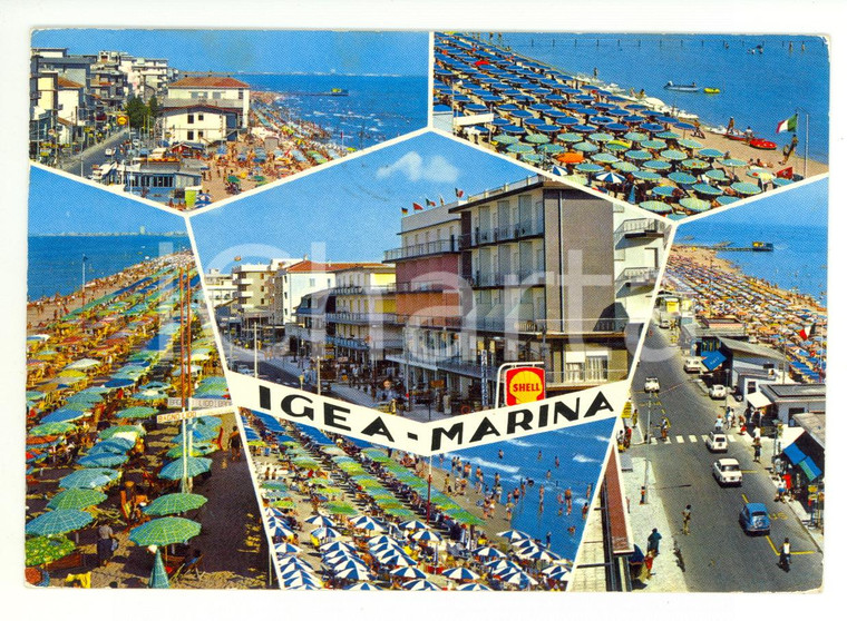 1970 ca BELLARIA - IGEA MARINA (RN) Vedutine con spiaggia - SHELL *Cartolina FG