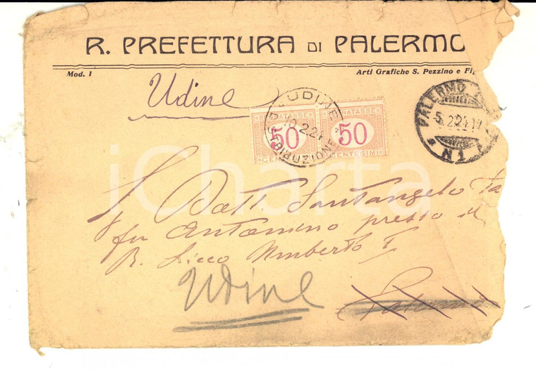 1924 STORIA POSTALE REGNO Prefettura PALERMO Busta coppia cent. 50 SEGNATASSE