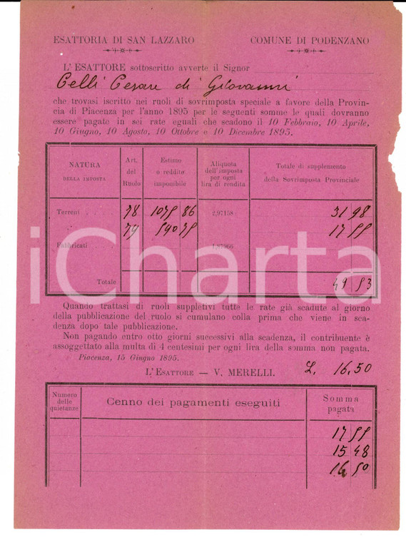 1895 PODENZANO (PC) Esattoria SAN LAZZARO - Ruoli di Cesare CELLI