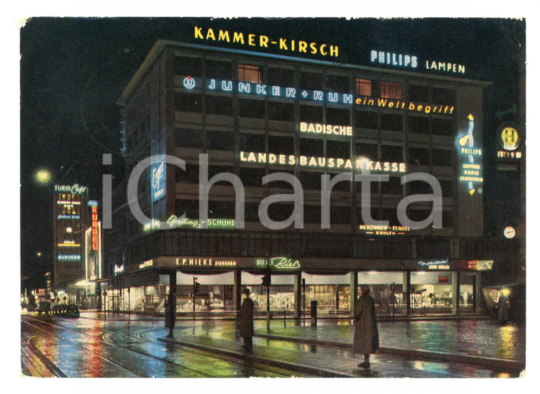 1954 KARLSRUHE (D) Veduta notturna KAISERSTRASSE *Cartolina ANIMATA FG VG