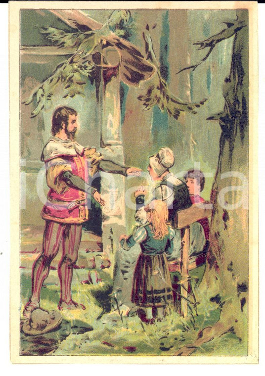 1930 ca RACCONTI PER RAGAZZI Un cavaliere nel bosco *Illustrazione VINTAGE 9x14