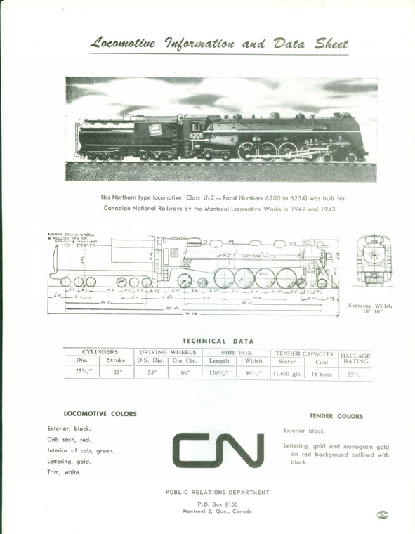 1975 ca CANADIAN RAILWAYS Locomotiva Northern Type Class U-2 *Scheda tecnica