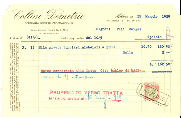 1929 MILANO Ditta Demetrio COLLINI articoli per calzature *Fattura intestata