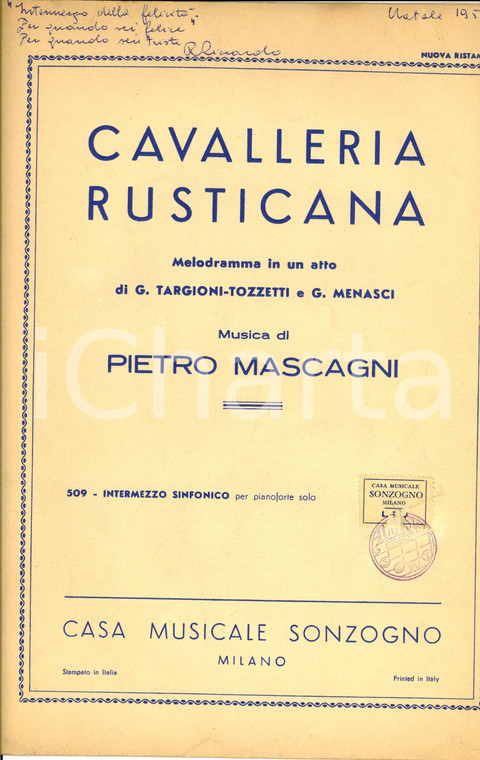 1952 Pietro MASCAGNI Cavalleria rusticana - Intermezzo per pianoforte *Spartito 