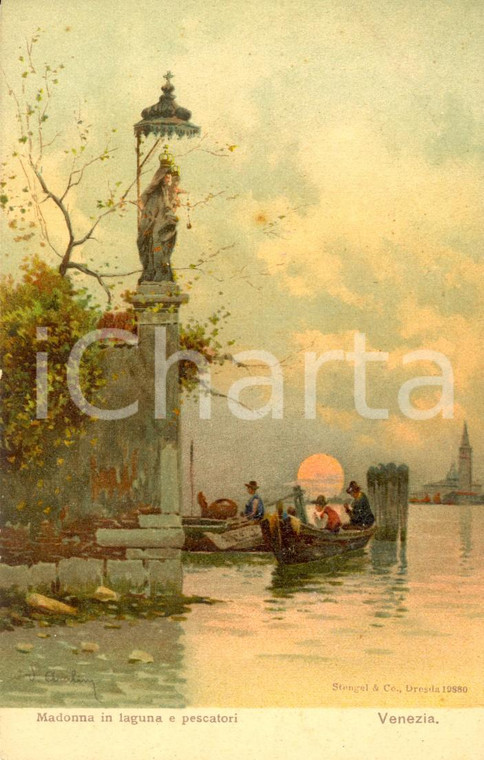 1900 ca VENEZIA Madonna in laguna e pescatori in barca *Cartolina FP NV