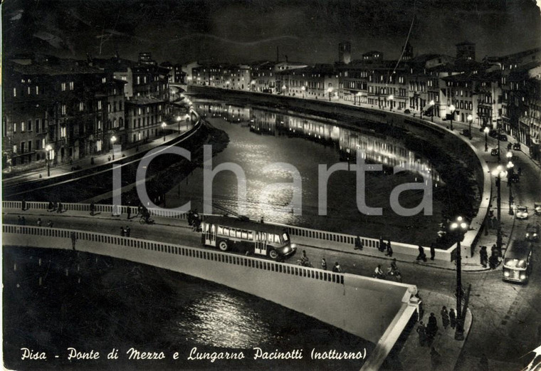 1954 PISA Ponte di MEZZO e LUNGARNO PACINOTTI *ANIMATA con filobus FG VG