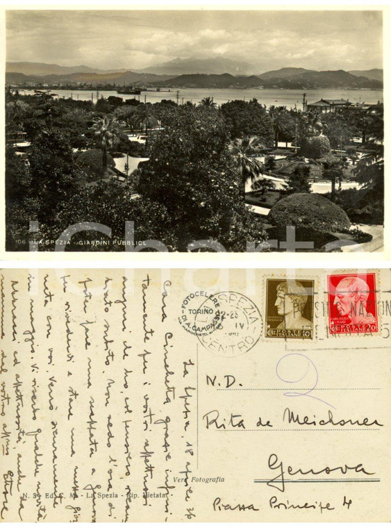 1936 LA SPEZIA Giardini pubblici *Cartolina alla nobildonna Rita VON MEICHSER FP
