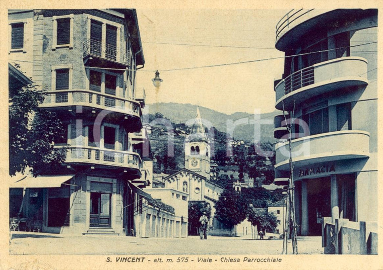 1940 ca SAINT-VINCENT (AO) Veduta viale con chiesa parrocchiale e farmacia *VG