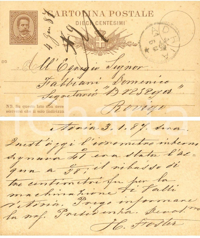 1887 ADRIA (RO) Direttore FOSTER trasmette dati idrometro interno *Cartolina