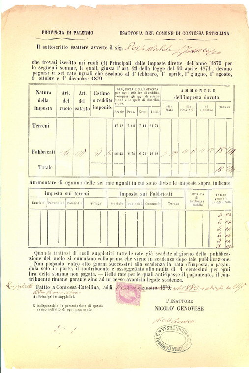 1880 CONTESSA ENTELLINA (PA) Estimo per fondi di Michele DORSA fu Francesco